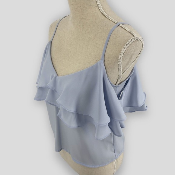 Forever 21 Ruffle Flounce Cami Womens Cold Shoulder Sheer Blouse Blue Size Small - Picture 7 of 9
